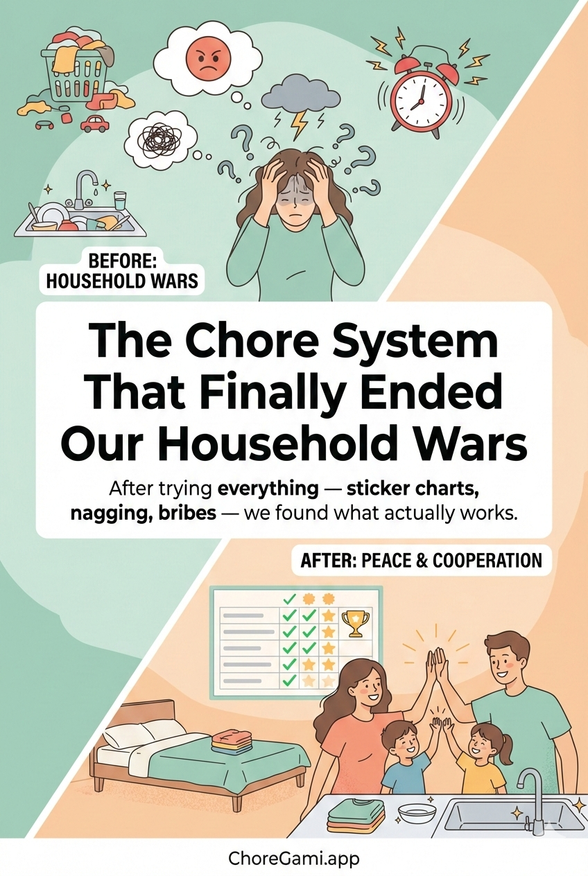Before: Household Wars with stressed parent. After: Peace and Cooperation with happy family using ChoreGami