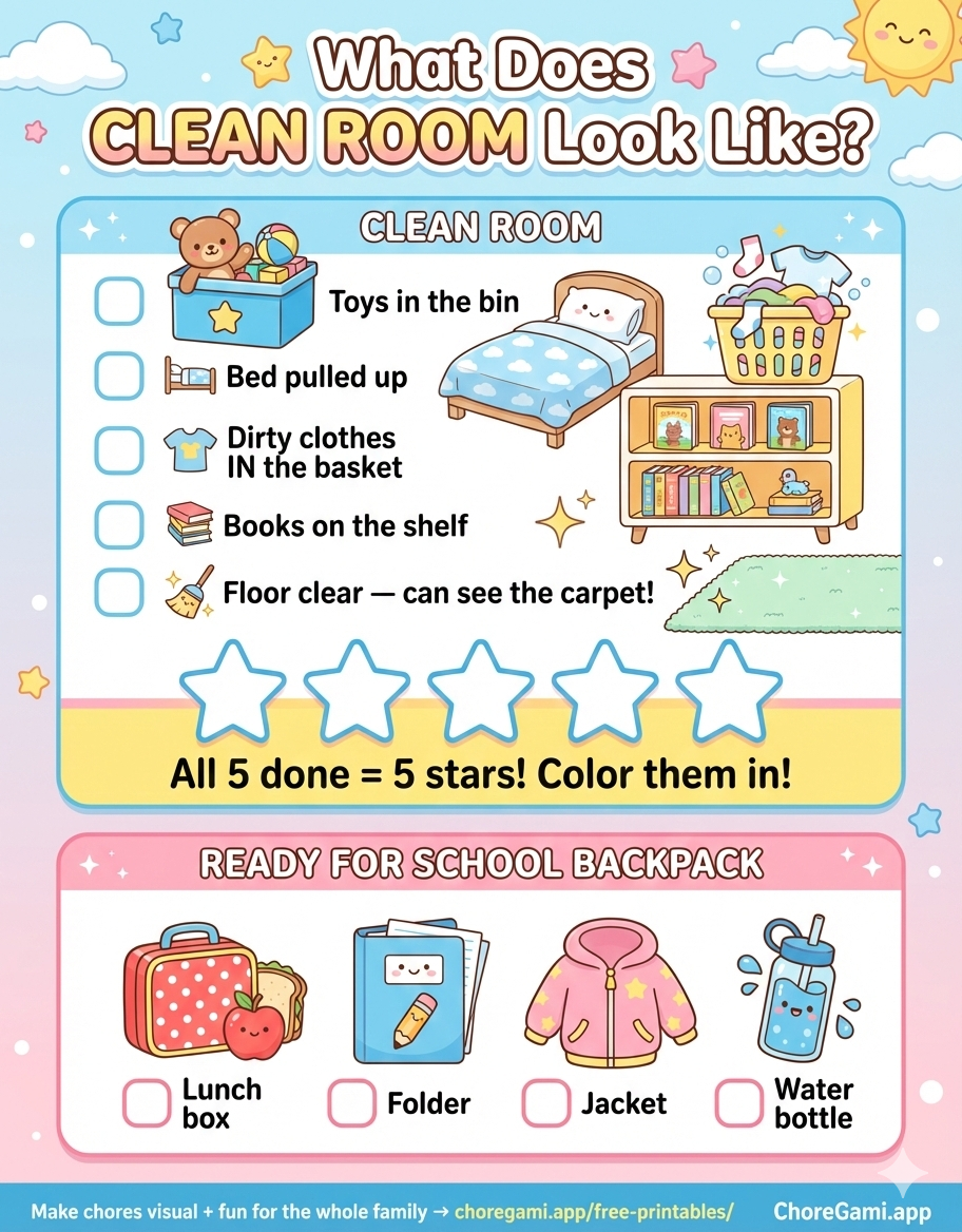 Free printable visual chore chart for toddlers and young kids — picture-based checklist they can understand