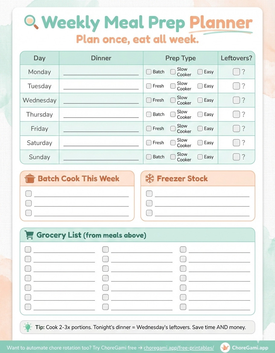 Free printable weekly meal prep planner for busy families — plan meals, batch cooking, grocery list