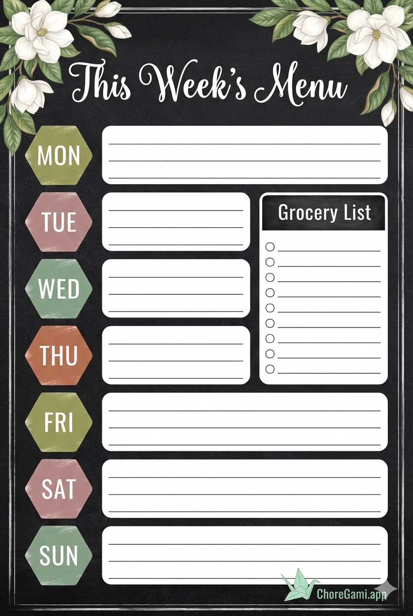Free printable weekly menu planner with grocery list — chalkboard style dinner planning